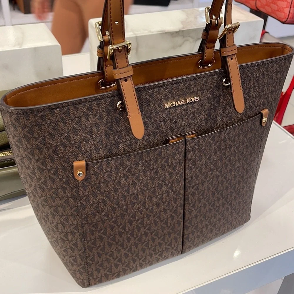 MICHAEL KORS JET SET TRAVEL MEDIUM DOUBLE POCKET TOTE BROWN SIGNATURE NWT